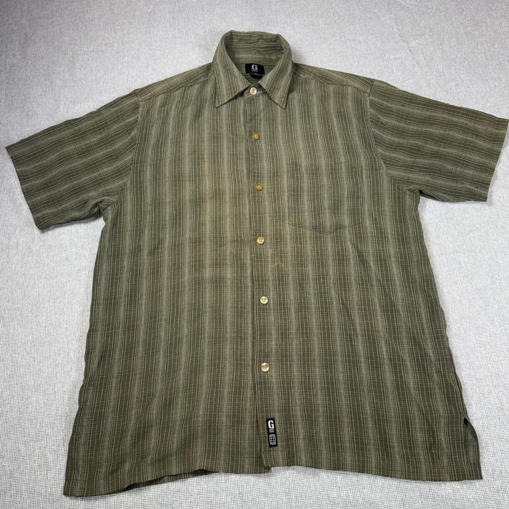 Vintage Guess Jeans Mens Medium Olive Green Striped Short Sleeve Button Up Shirt